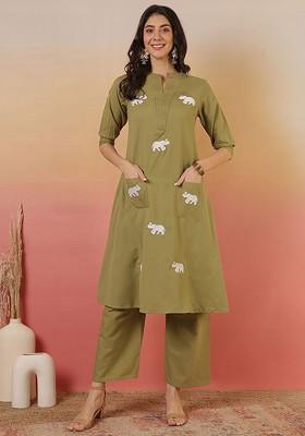 Olive Printed Blended Kurta Set