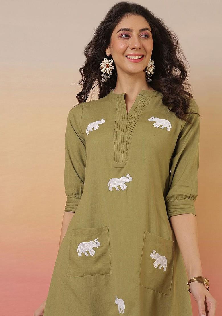Olive Printed Blended Kurta Set - Indya