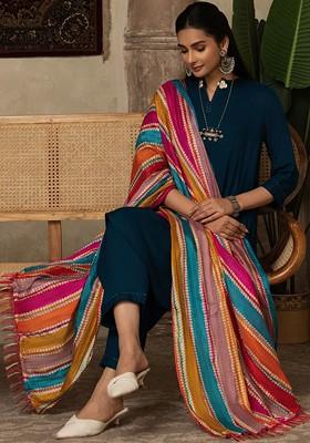Teal Thread Work Blended Kurta Set