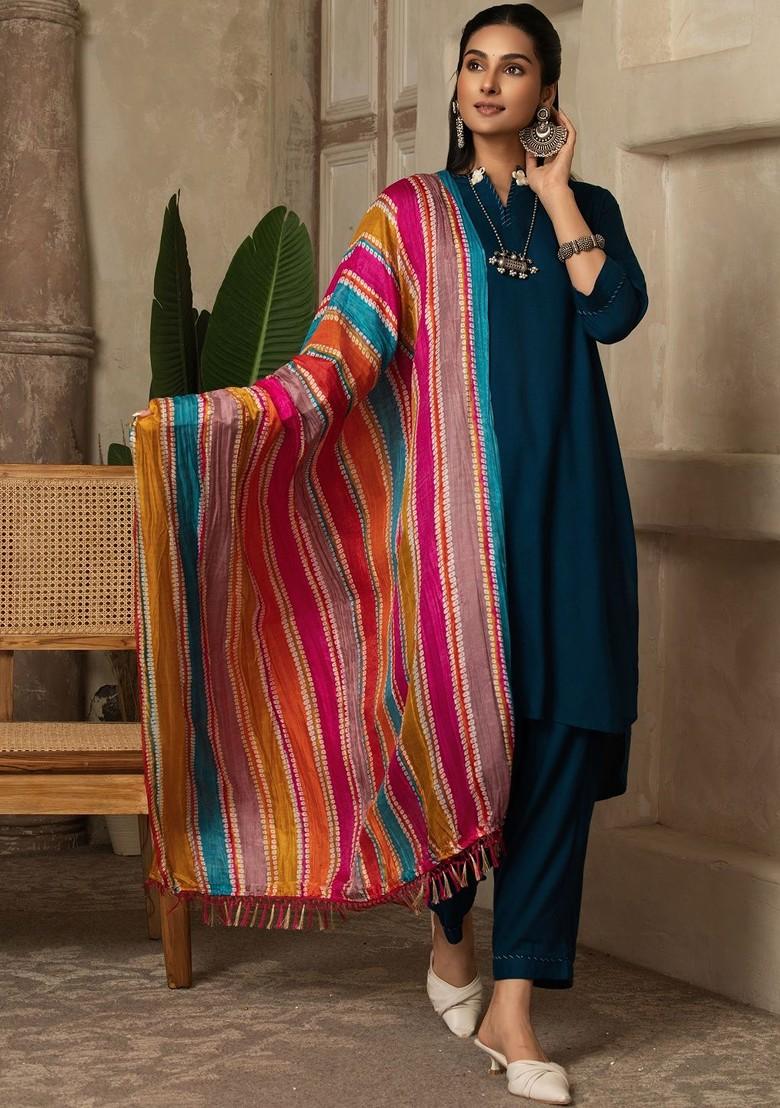 Teal Thread Work Blended Kurta Set - Indya