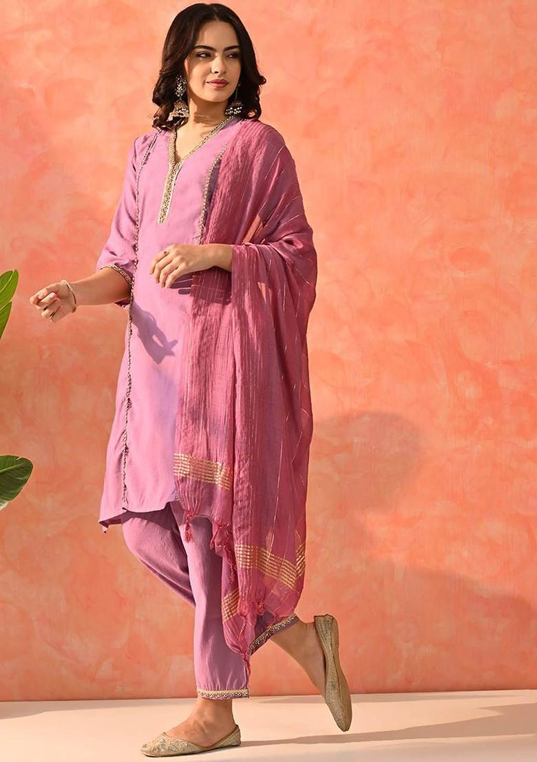 Lavender Solid Blended Kurta Set - Indya
