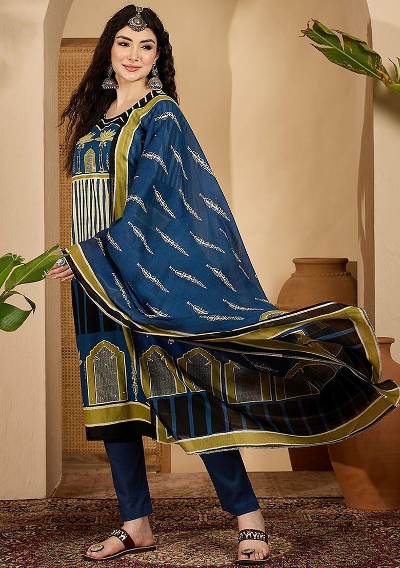 Teal Sequinned Blended Kurta Set - Indya