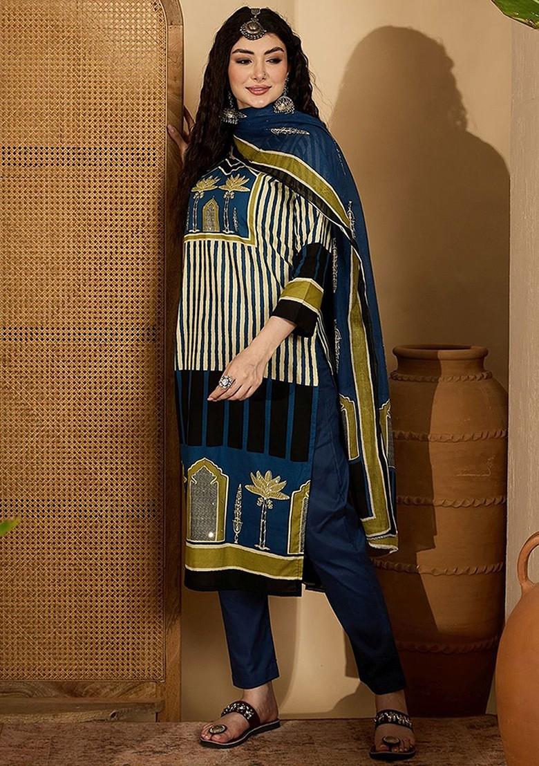 Teal Sequinned Blended Kurta Set - Indya