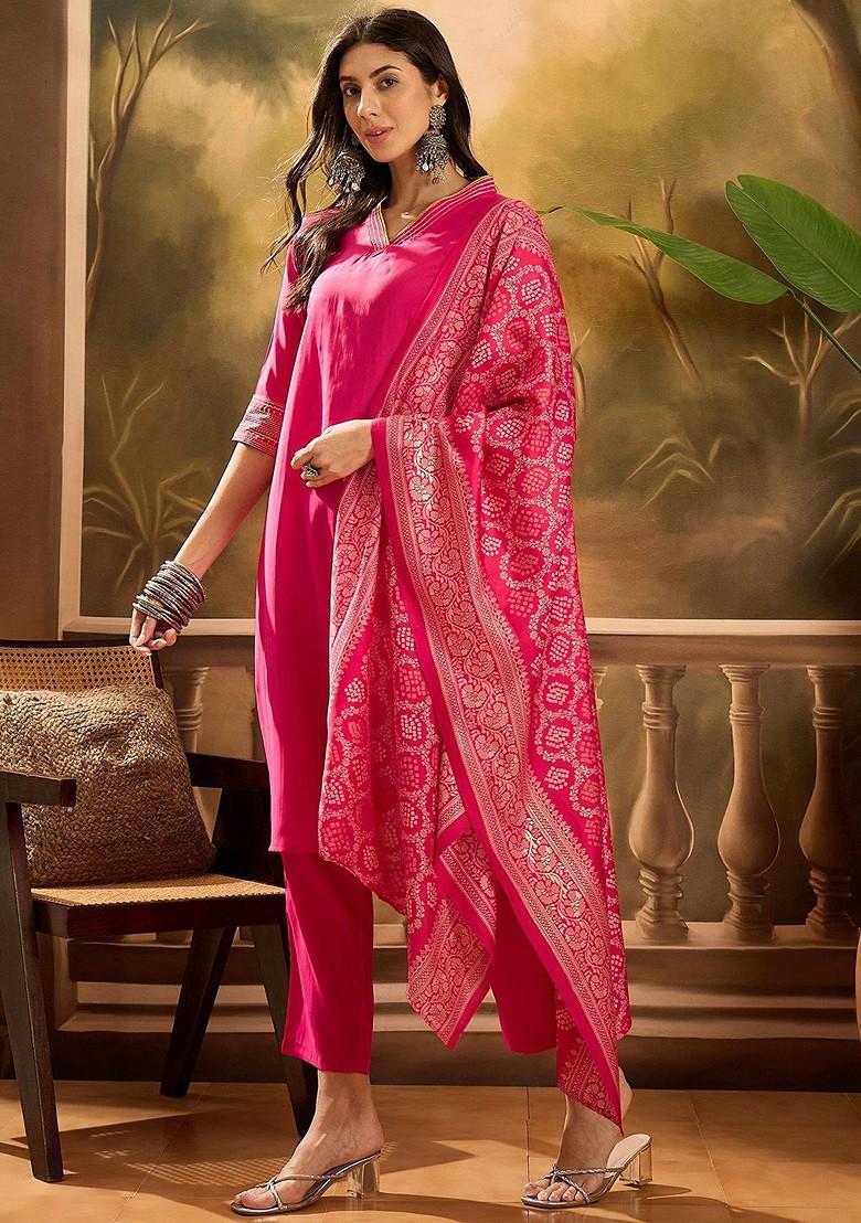 Pink Solid Blended Kurta Set - Indya