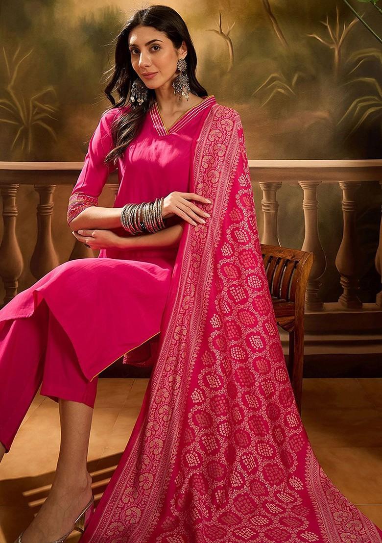 Pink Solid Blended Kurta Set - Indya