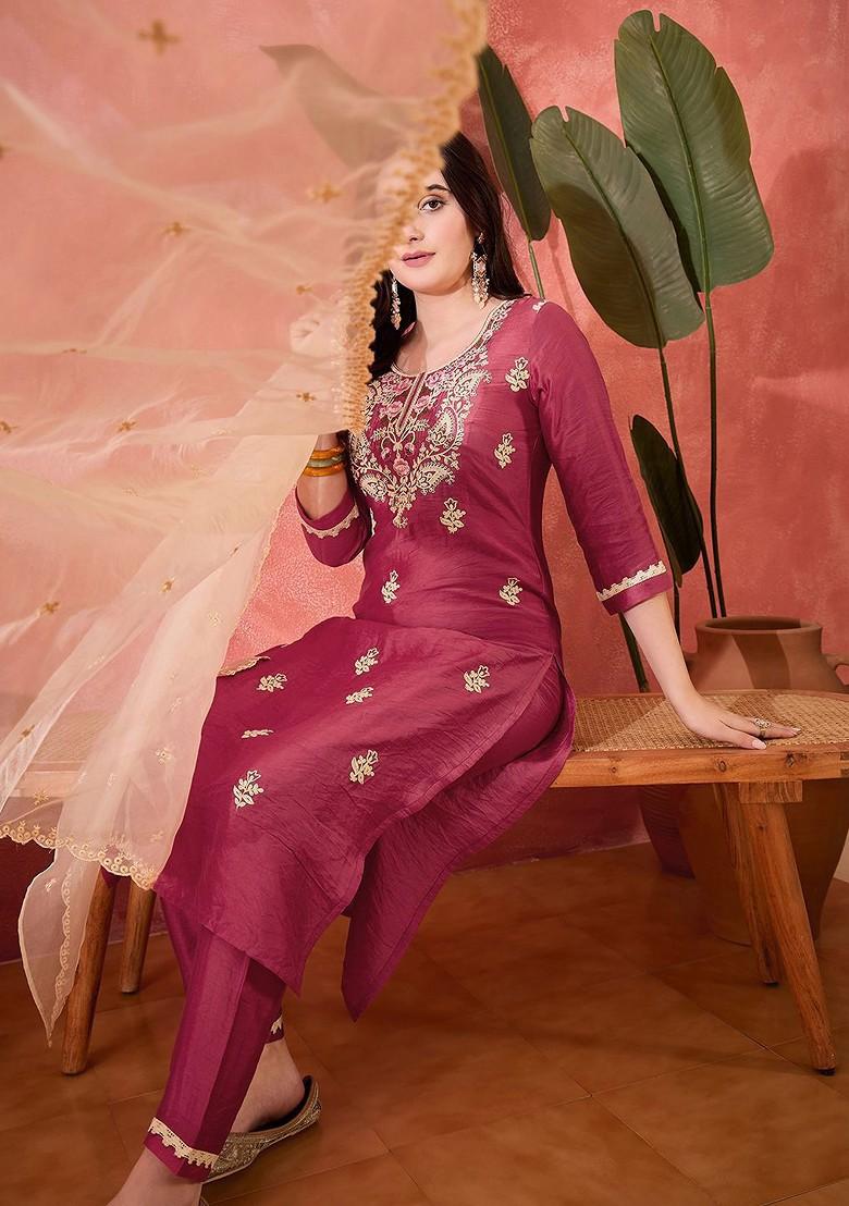 Pink Embroidered Blended Kurta Set - Indya