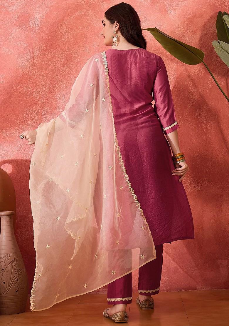 Pink Embroidered Blended Kurta Set - Indya
