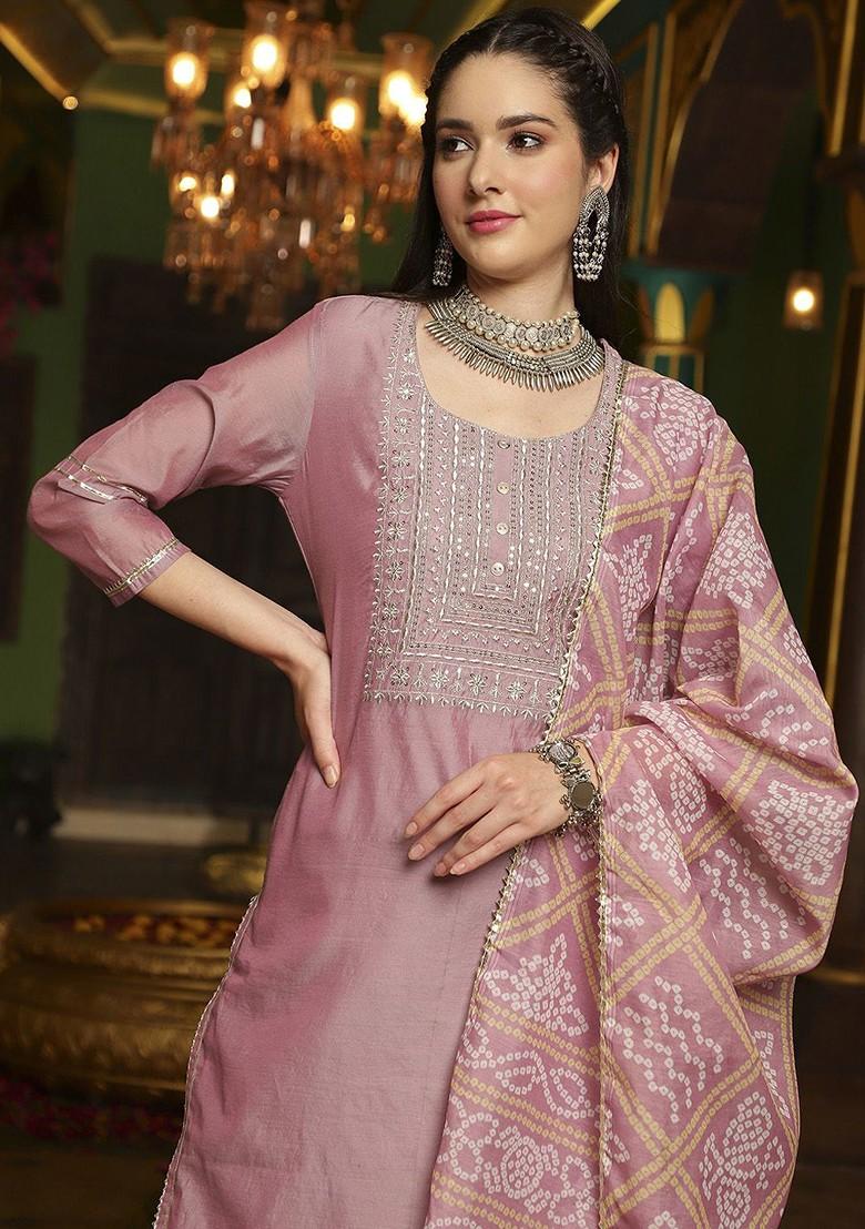Mauve Embroidered Blended Kurta Set - Indya