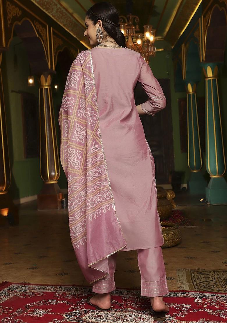 Mauve Embroidered Blended Kurta Set - Indya