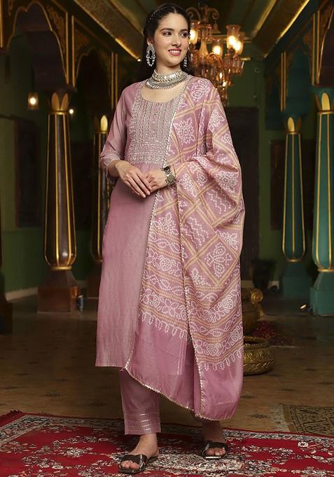 Mauve Embroidered Blended Kurta Set