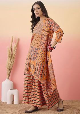 Orange Printed Blended Kurta Set