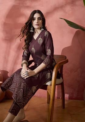Maroon Printed Blended Kurta Set