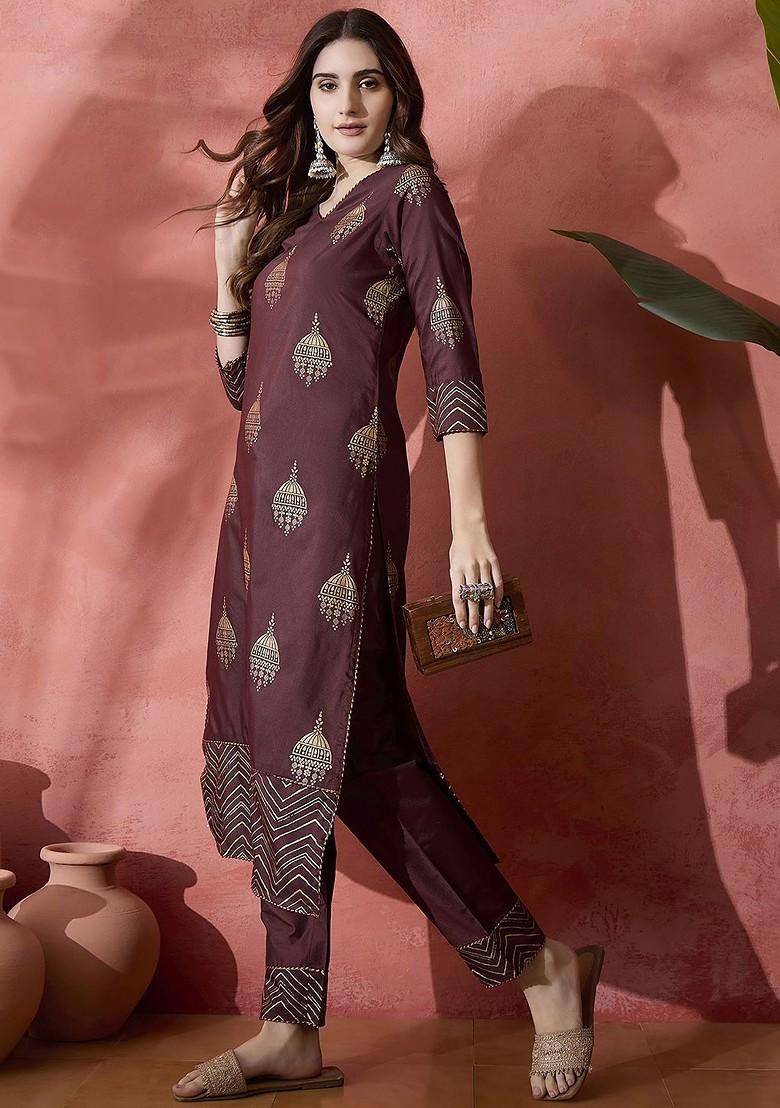 Maroon Printed Blended Kurta Set - Indya