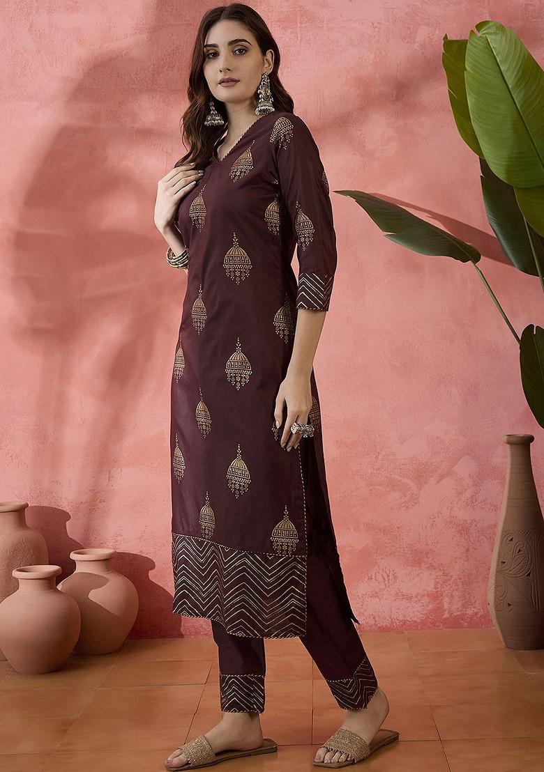 Maroon Printed Blended Kurta Set - Indya