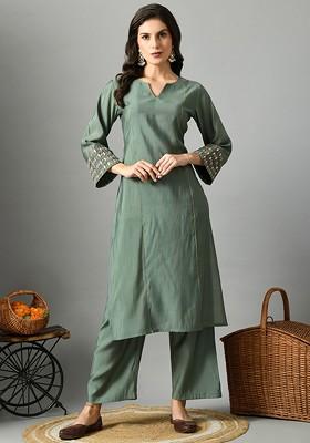 Teal Embroidered Blended Kurta Set