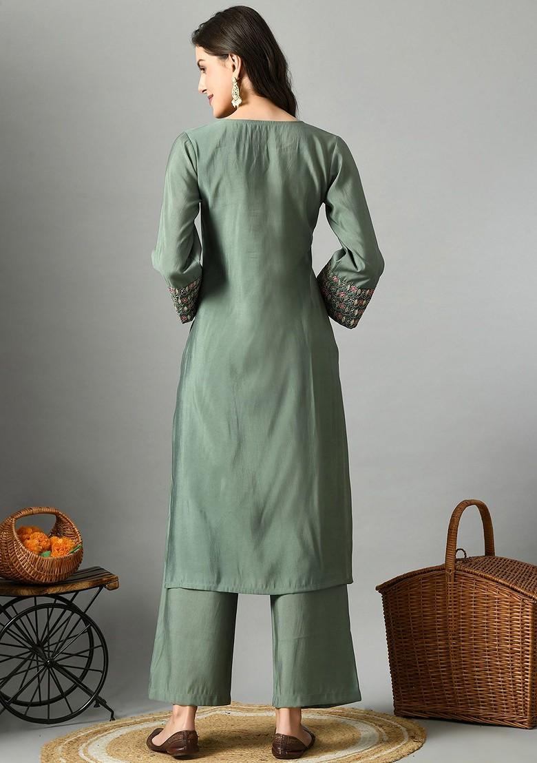 Teal Embroidered Blended Kurta Set - Indya