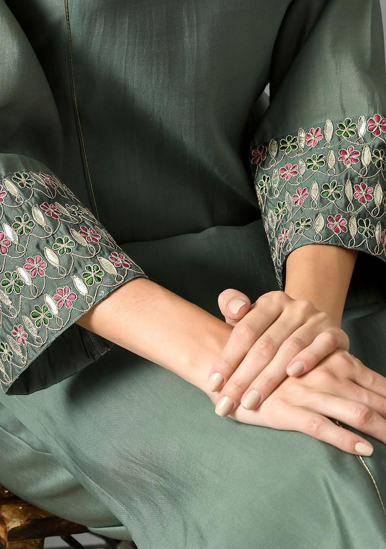 Teal Embroidered Blended Kurta Set - Indya