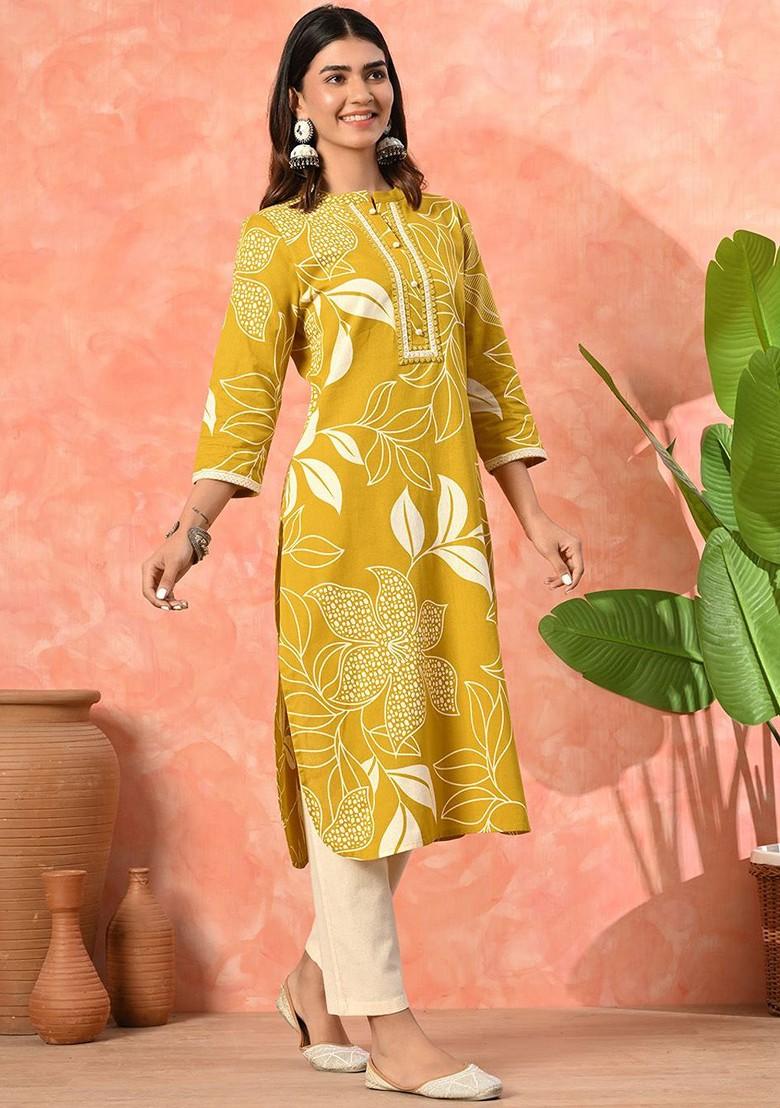 Mustard Printed Blended Kurta Set - Indya