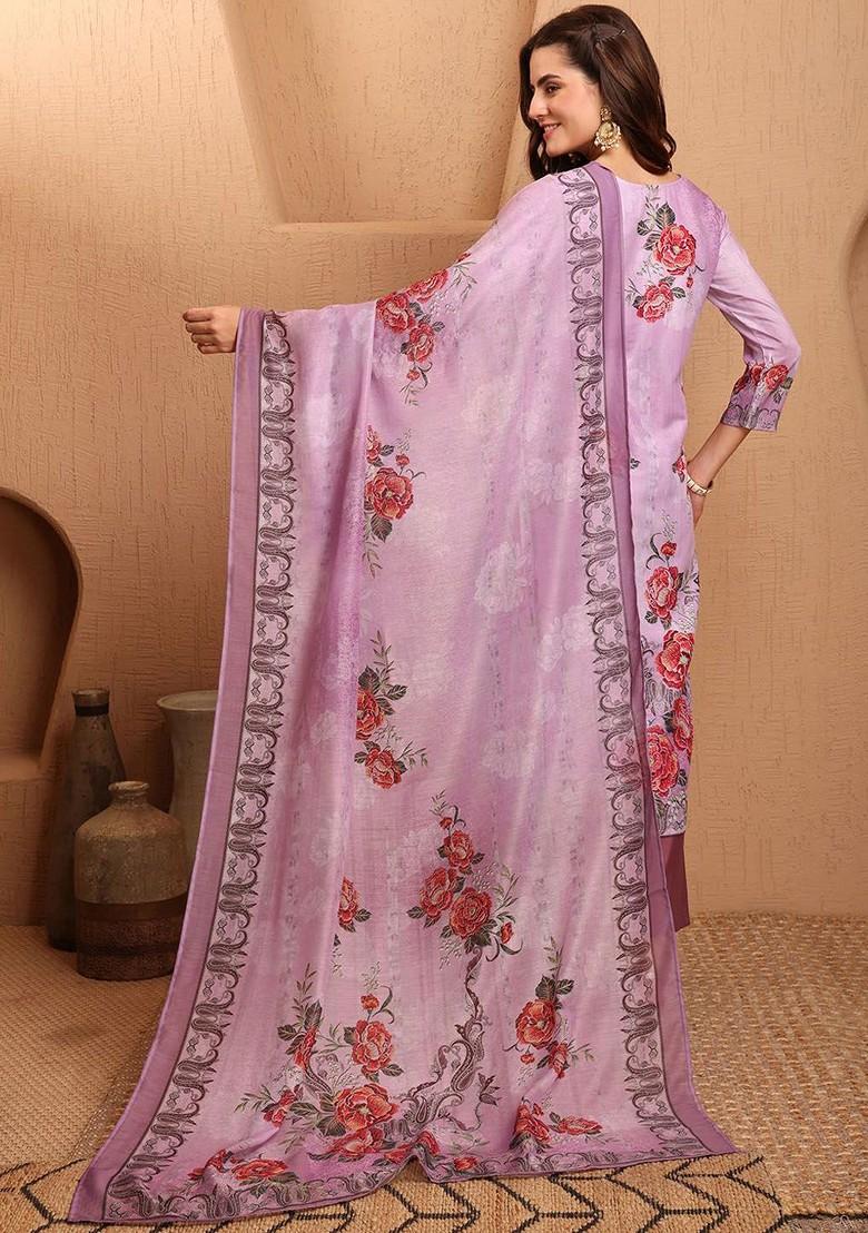 Lavender Printed Blended Kurta Set - Indya
