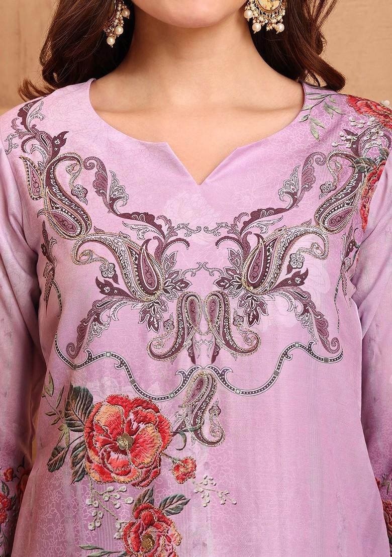 Lavender Printed Blended Kurta Set - Indya
