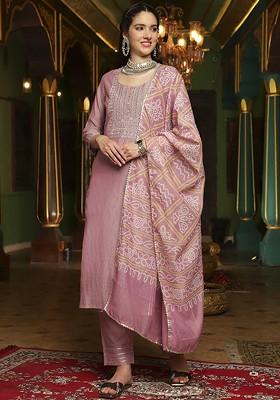 Mauve Embroidered Blended Kurta Set