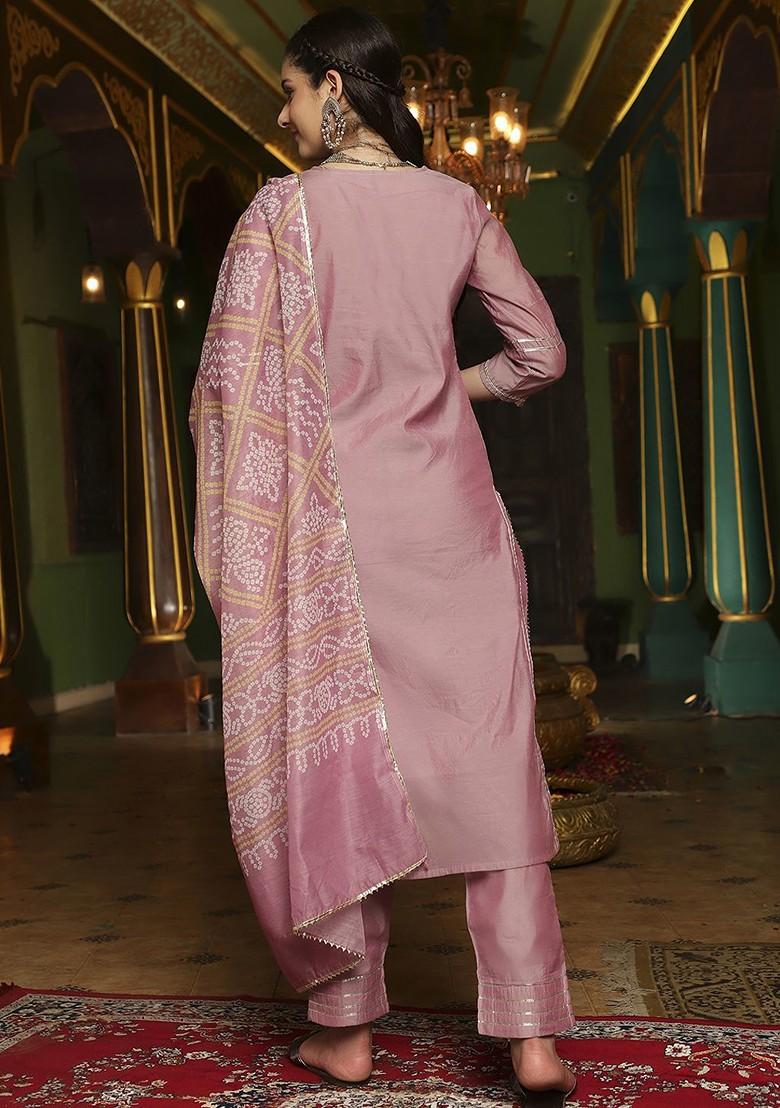 Mauve Embroidered Blended Kurta Set - Indya