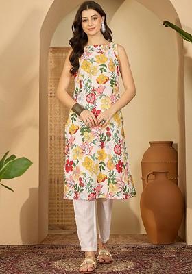 Off White Printed Blended Kurta Set