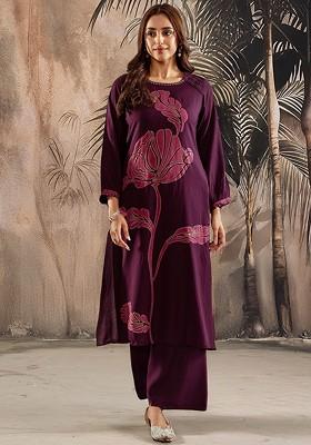 Burgundy Printed Blended Kurta Set