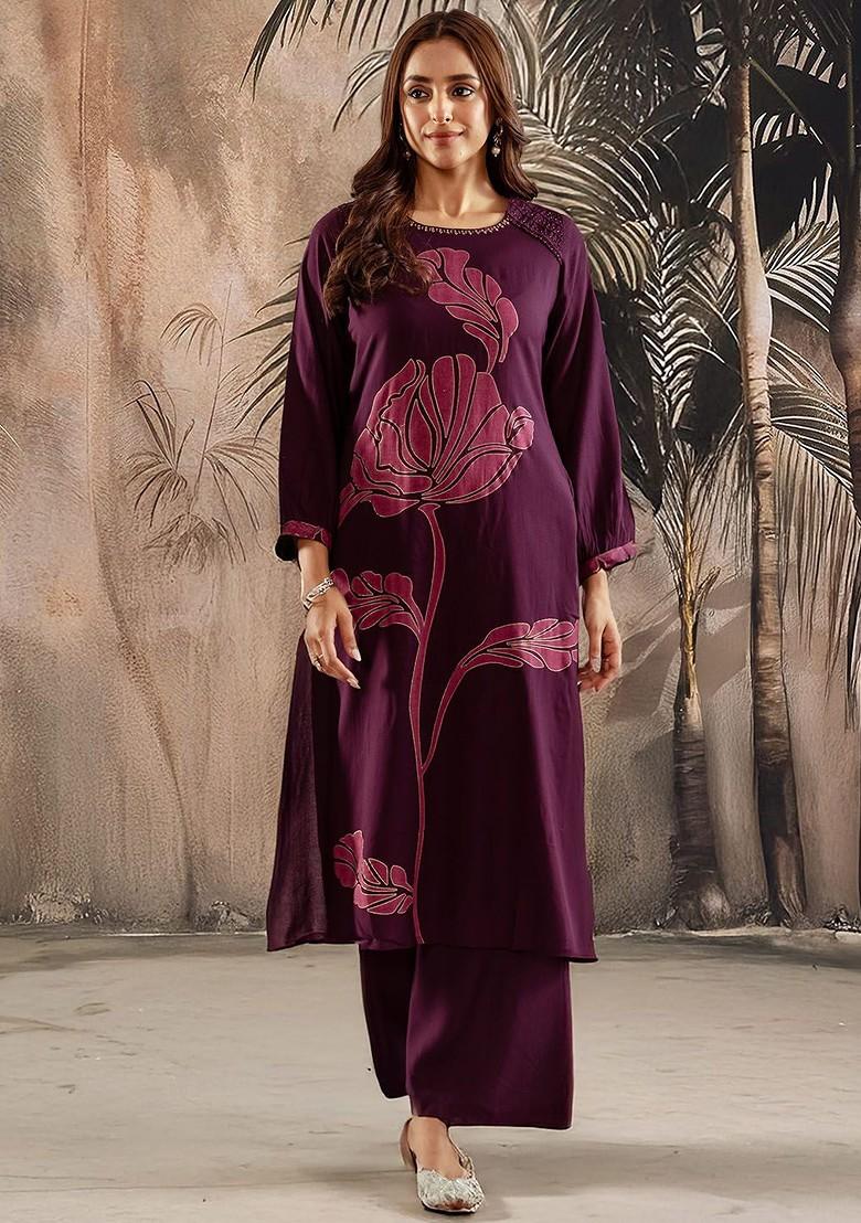 Burgundy Printed Blended Kurta Set - Indya