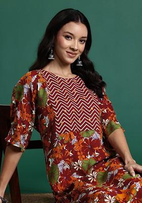 Brown Printed Blended Kurta Set