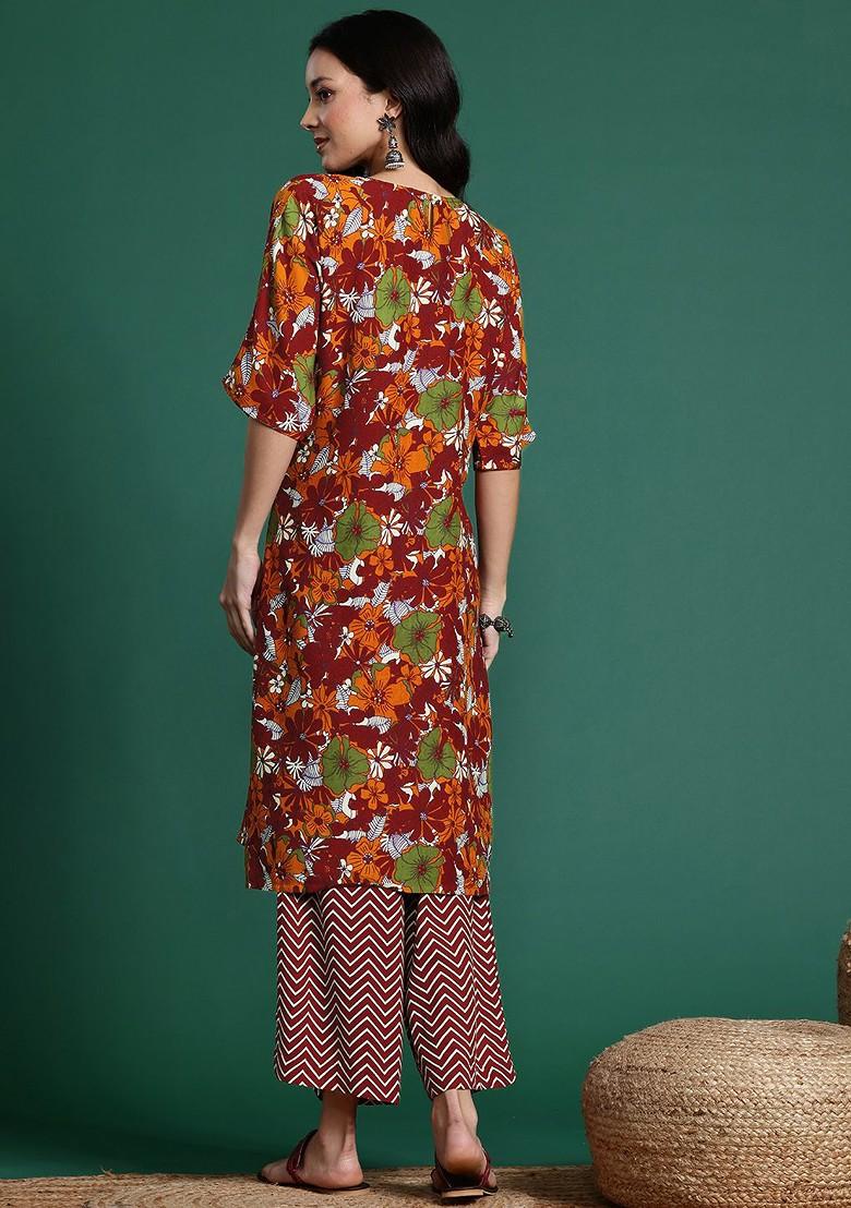 Brown Printed Blended Kurta Set - Indya