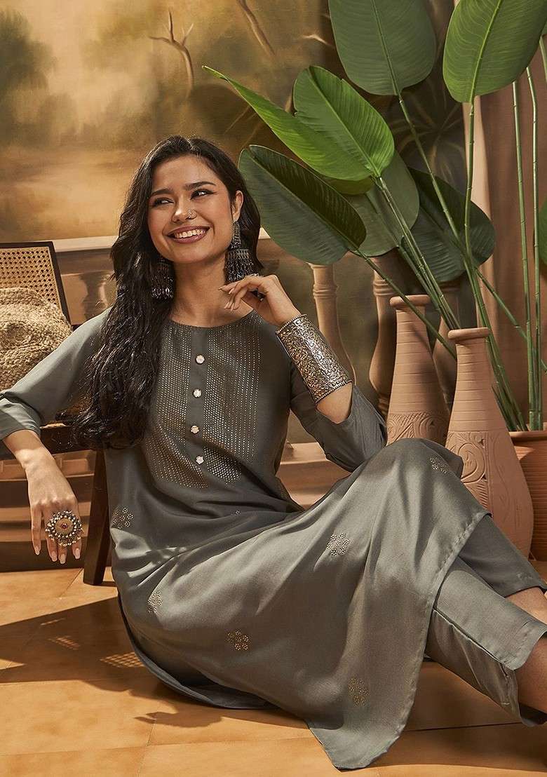 Grey Embroidered Blended Kurta Set - Indya