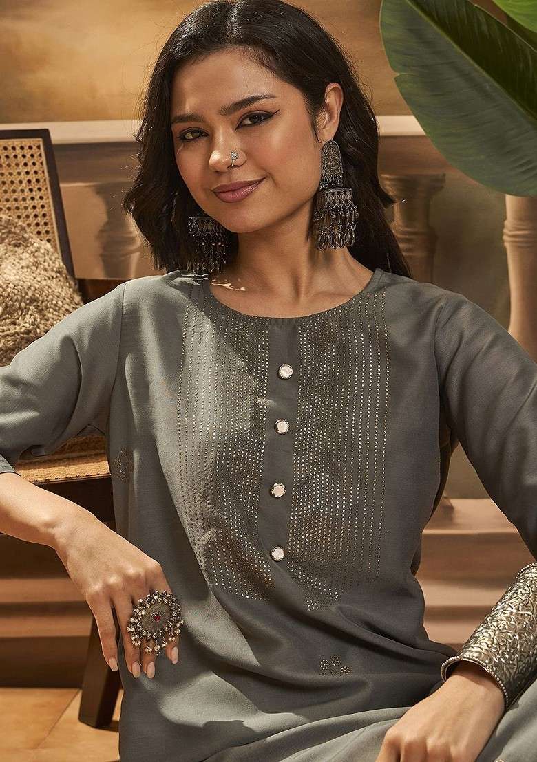 Grey Embroidered Blended Kurta Set - Indya