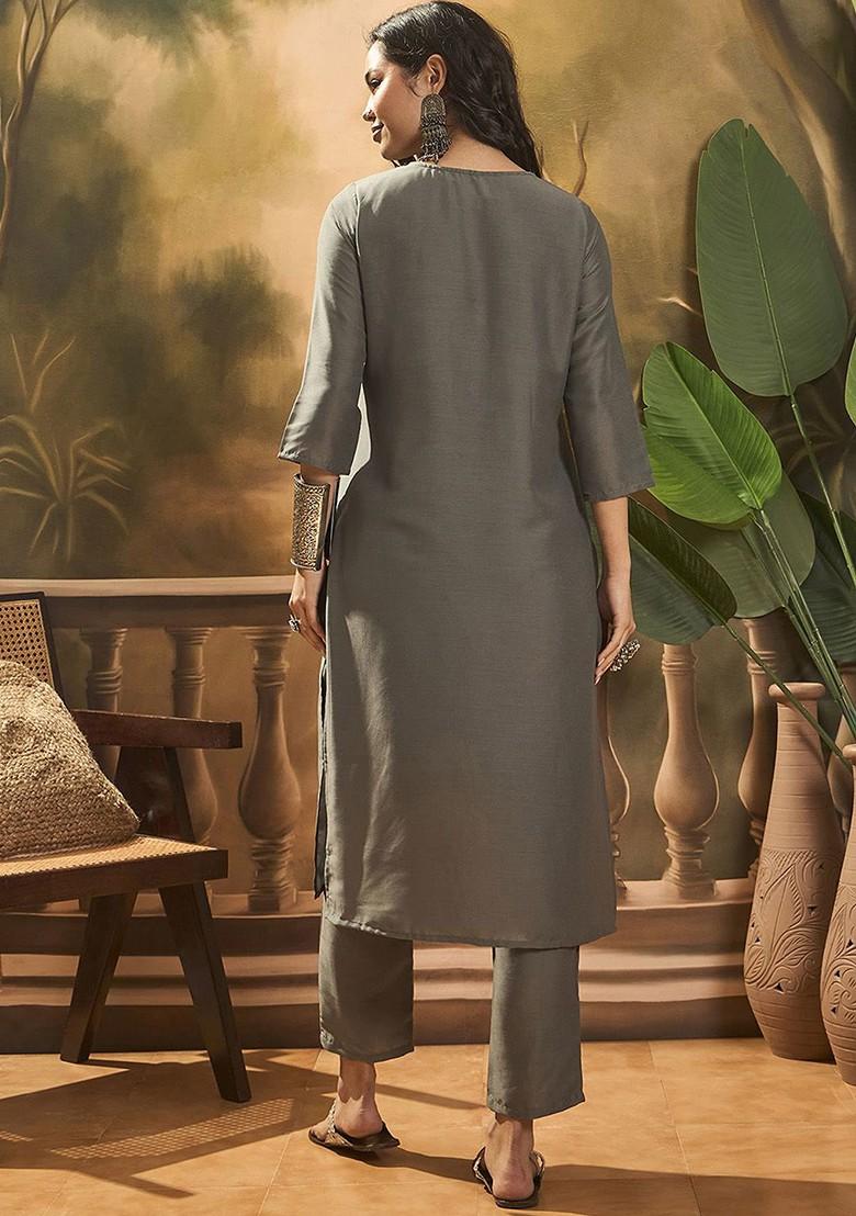 Grey Embroidered Blended Kurta Set - Indya