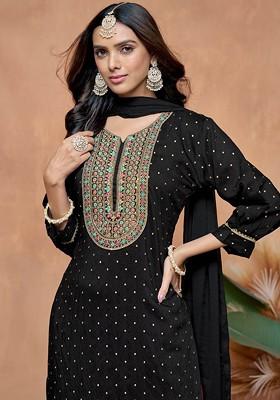 Black Embroidered Blended Kurta Set
