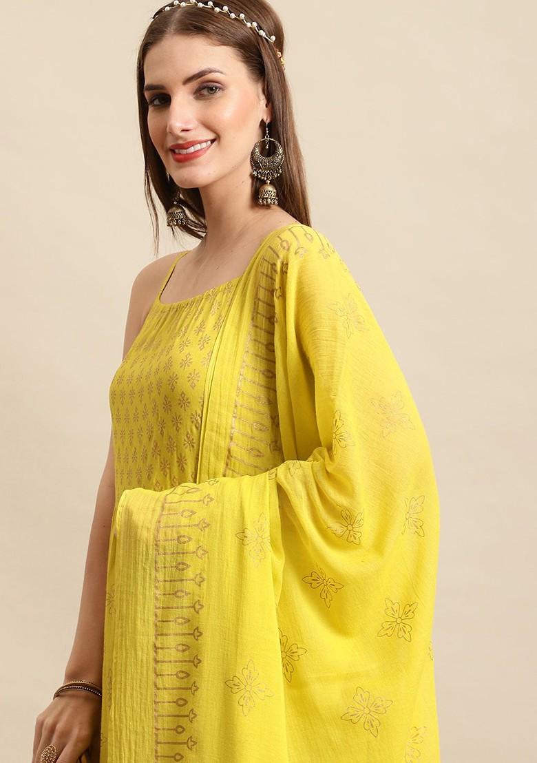 Lime Green Printed Blended Kurta Set - Indya