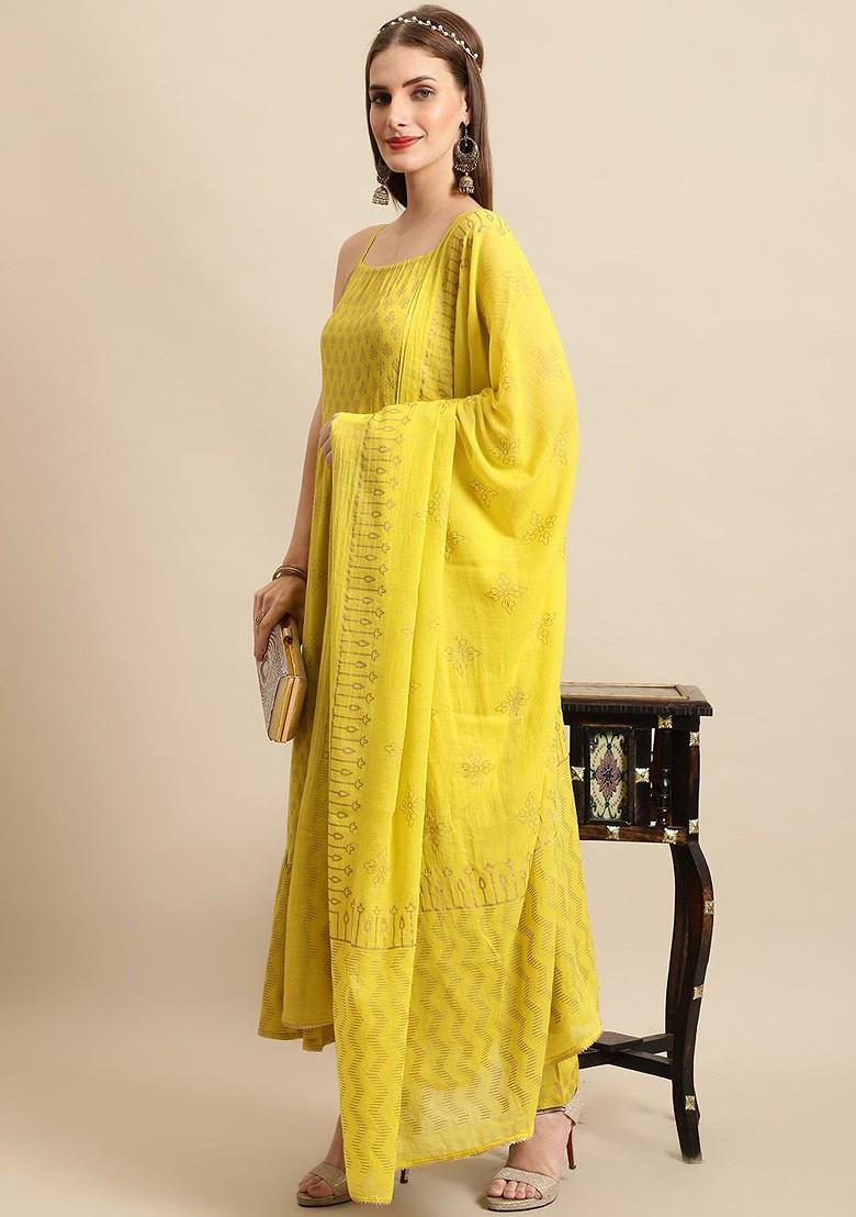 Lime Green Printed Blended Kurta Set - Indya