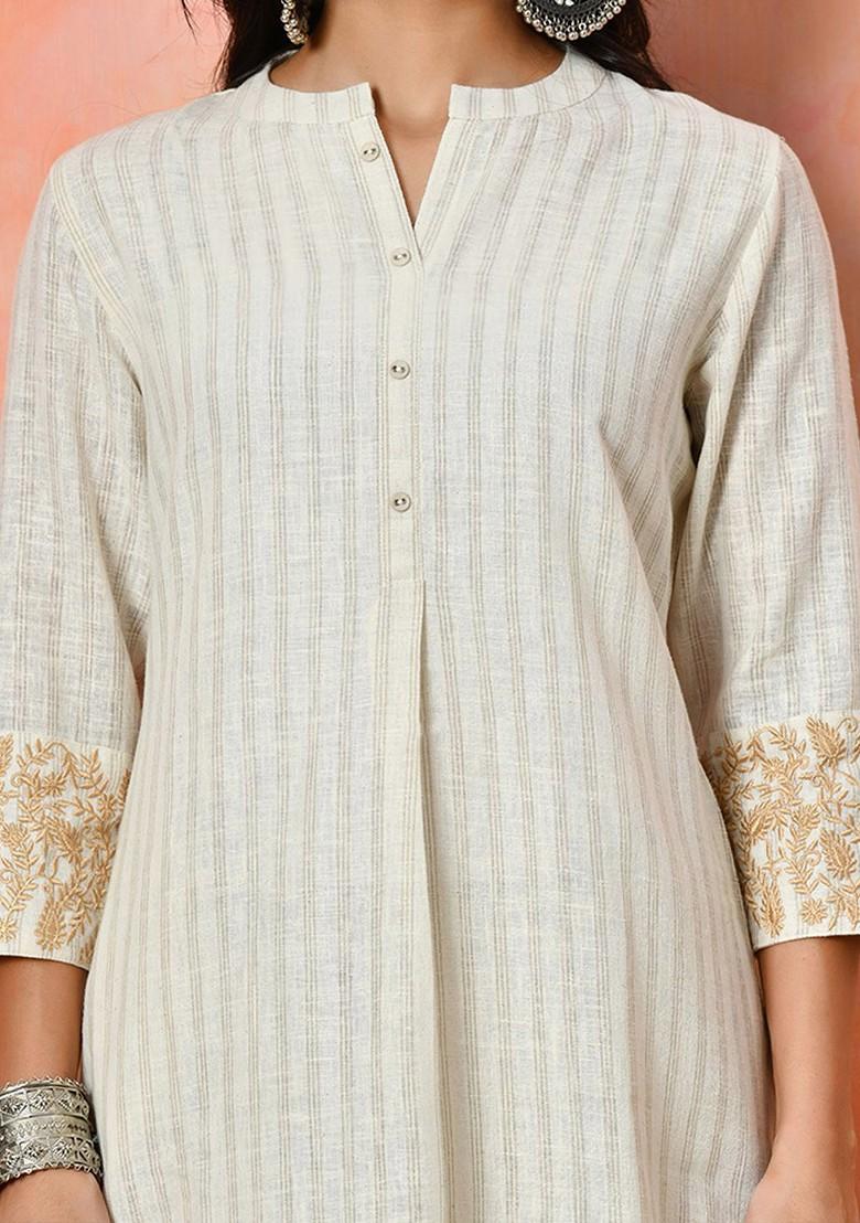 White Striped Blended Kurta Set - Indya