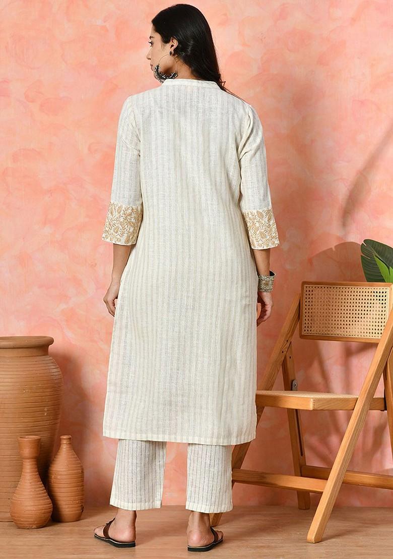 White Striped Blended Kurta Set - Indya