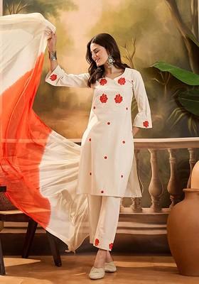 Beige Embroidered Blended Kurta Set