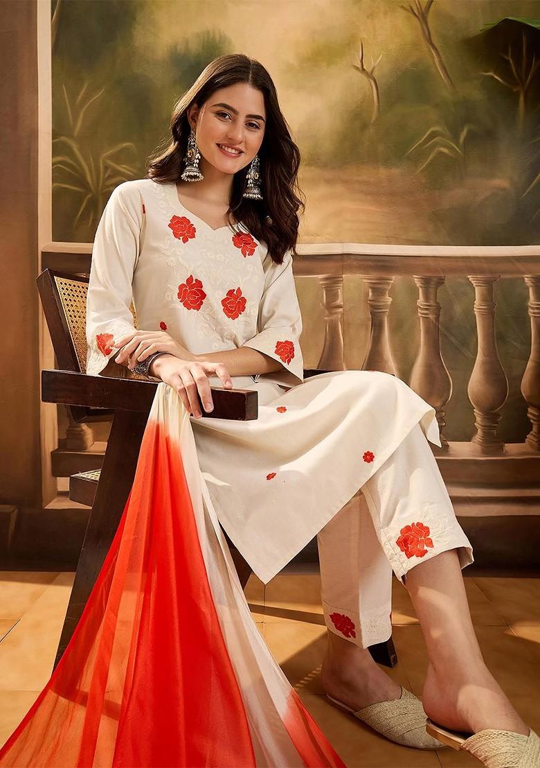 Beige Embroidered Blended Kurta Set - Indya