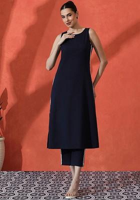 Navy Blue Embroidered Blended Kurta Set