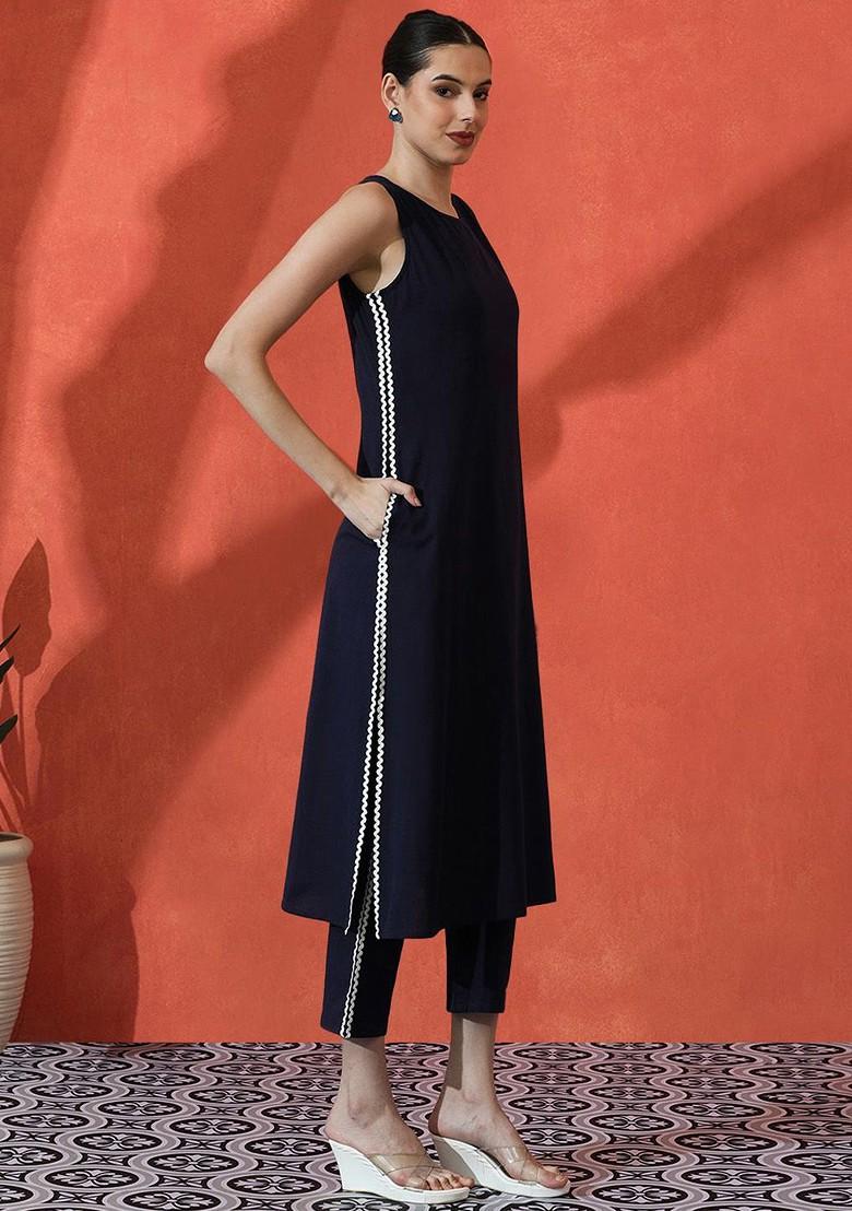 Navy Blue Embroidered Blended Kurta Set - Indya