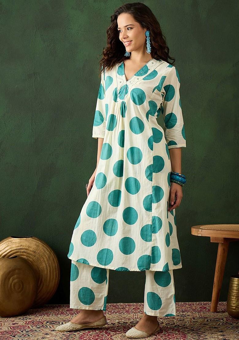 Teal Embroidered Blended Kurta Set - Indya