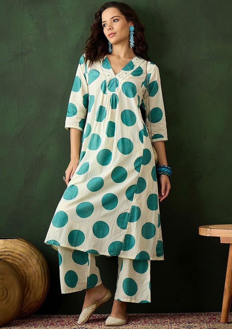 Teal Embroidered Blended Kurta Set - Indya