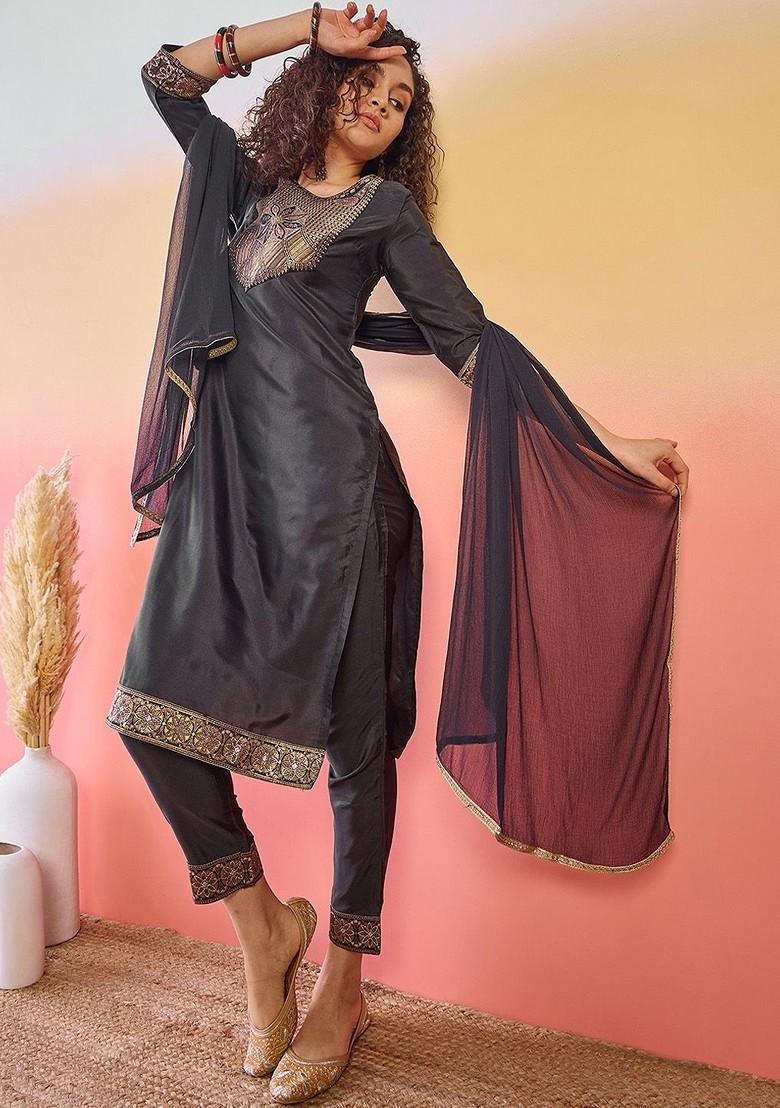 Black Yoke Design Blended Kurta Set - Indya
