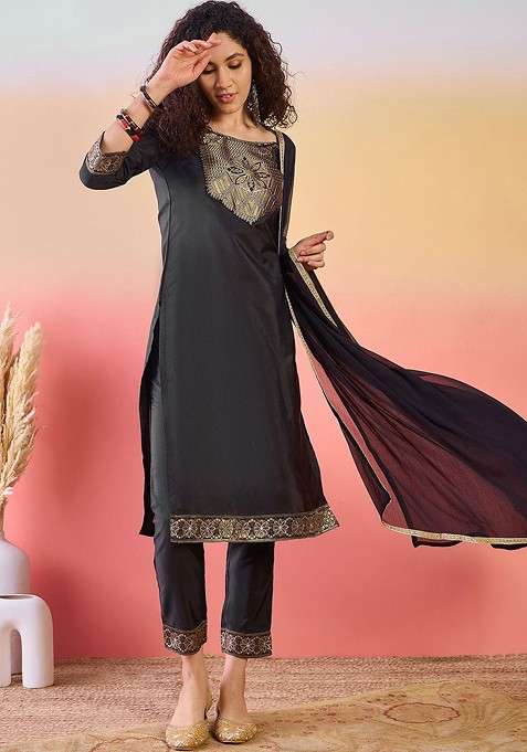 Black Yoke Design Blended Kurta Set