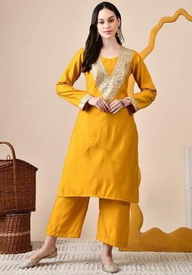 Mustard Sequinned Blended Kurta Set