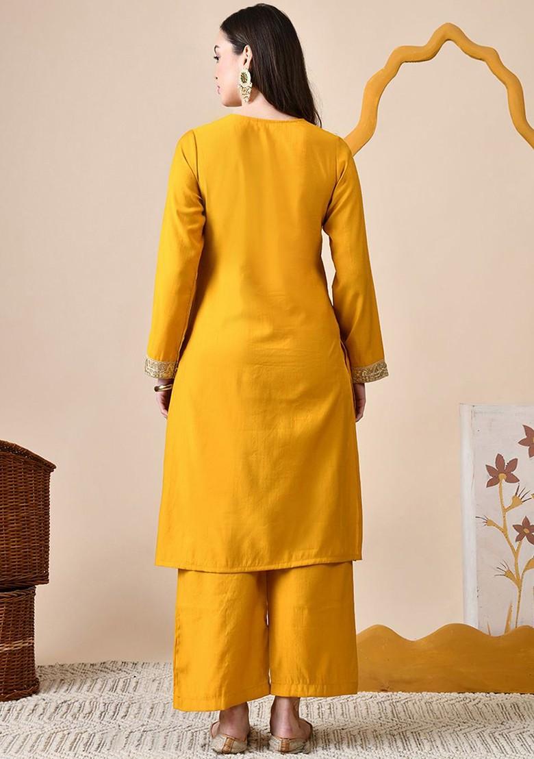 Mustard Sequinned Blended Kurta Set - Indya