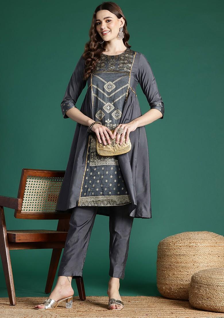 Grey Embroidered Blended Kurta Set - Indya